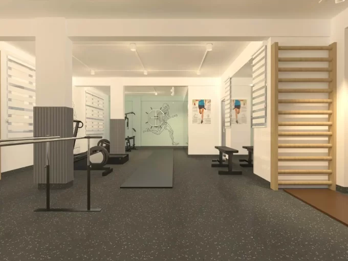 Commercial Clinic Office space in the 2nd floor of a residential building in Handhuvaree Hingun, Maafannu, Male'. A render of the open physio space.