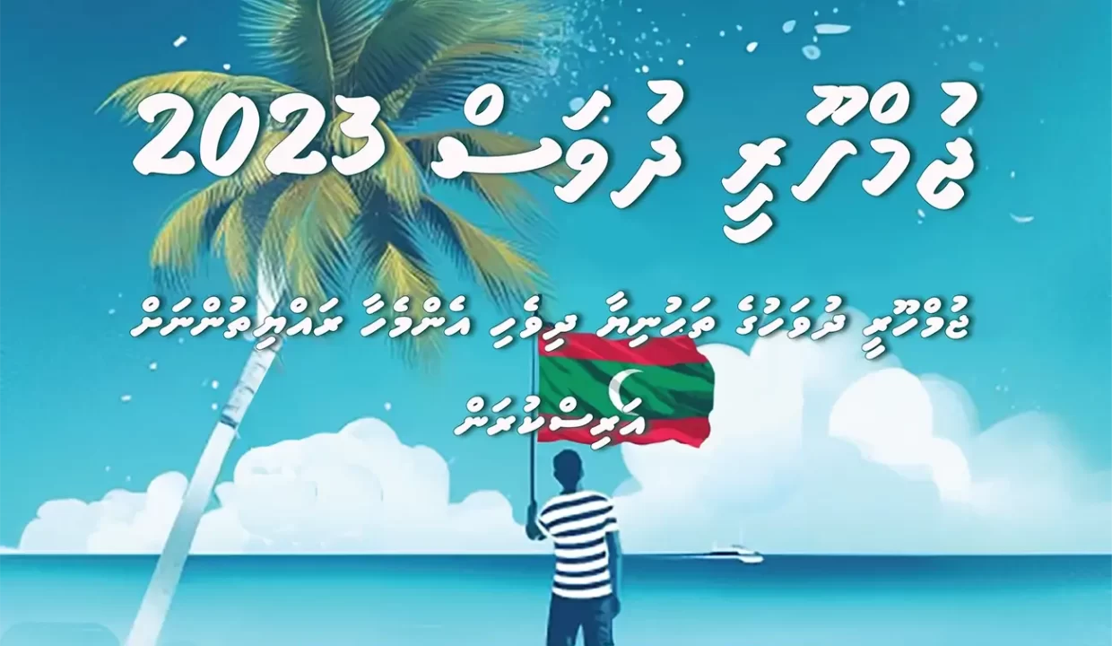 A photo depicting a person holding a Maldivian Flag on the beach next to a palm tree. Photo is uploaded on the occasion of the Maldivian Republic Day of 2023.