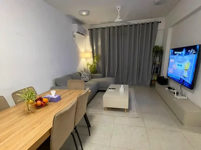 Fully furnished 3 bedroom terrace apartment at Vinares, Hulhumale' Phase 2. A photo of the dining area and living room.