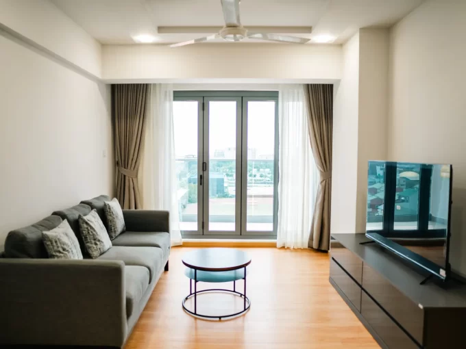 Fully furnished 2+1 bedroom city view apartment at The Blue Haven Residencies, 10th Floor, Hulhumale'. A photo of the living area and dining area.