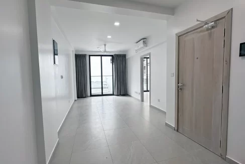 Brand new unfurnished 3 bedroom luxury apartment on the 7th floor of a residential building in Fiyaathoshi Magu, Maafannu, Male'. A photo of the living area and balcony.