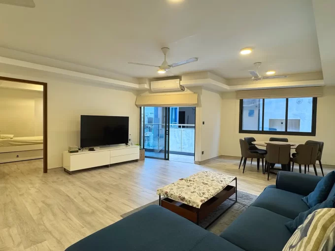 Fully furnished 3+1 bedroom luxury apartment in Manaage Residence, Maaveyo Magu, Macchangoalhi, Male'. A photo of the living area and dining area.